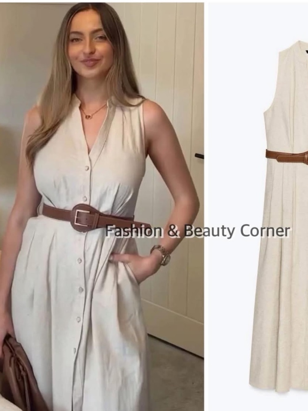 Zara Sleeveless Midi Dress in Cream with Brown Belt